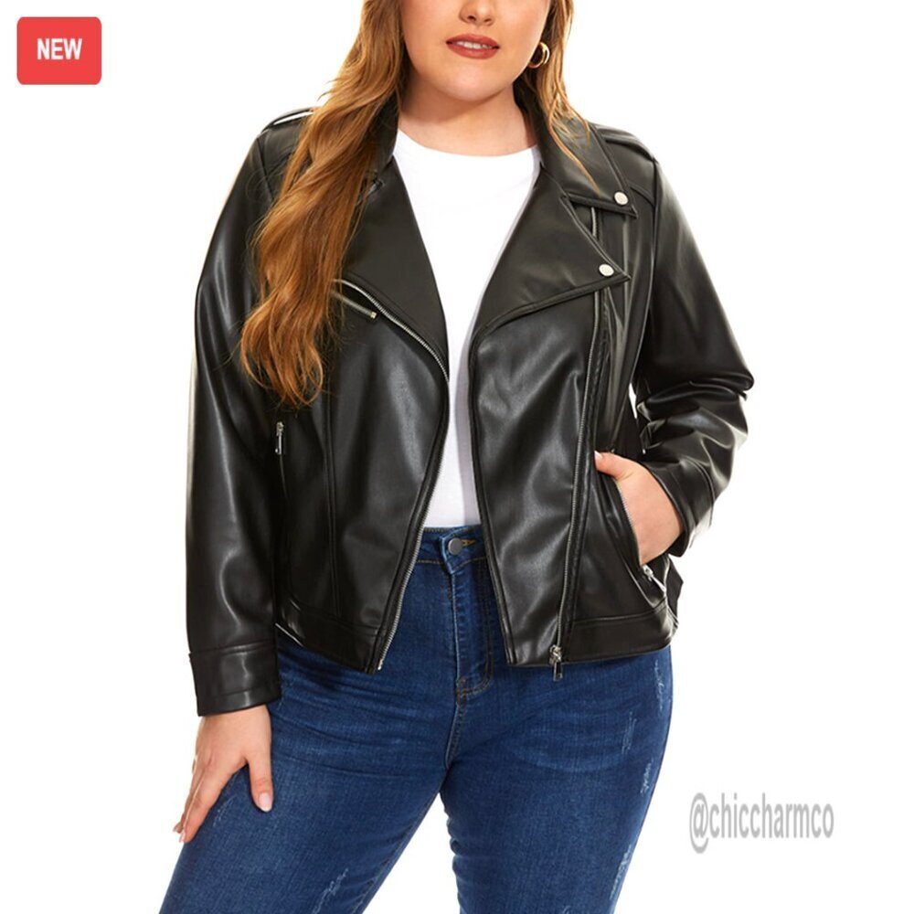 Plus Size Faux Leather Motorcycle Jacket, Zip Up Fitted Moto Biker Coat